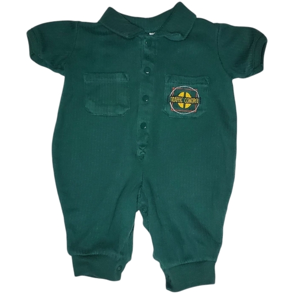 Vintage Small Steps Short-sleeve Jumpsuit Green Traffic Control Boys 3-6 Months - Picture 1 of 4